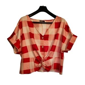 SHEIN CURVE WOMEN'S RED CHECKERED FUN SHORT SLEEVE TOP SIZE 1XL